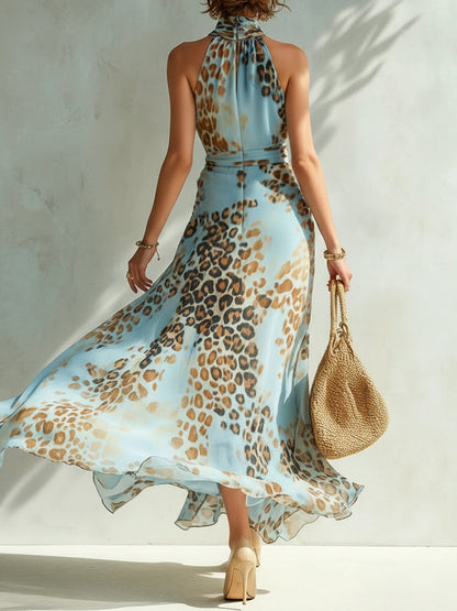 Leona · Vestido Maxi Chifón Estampado Leopardo Azul