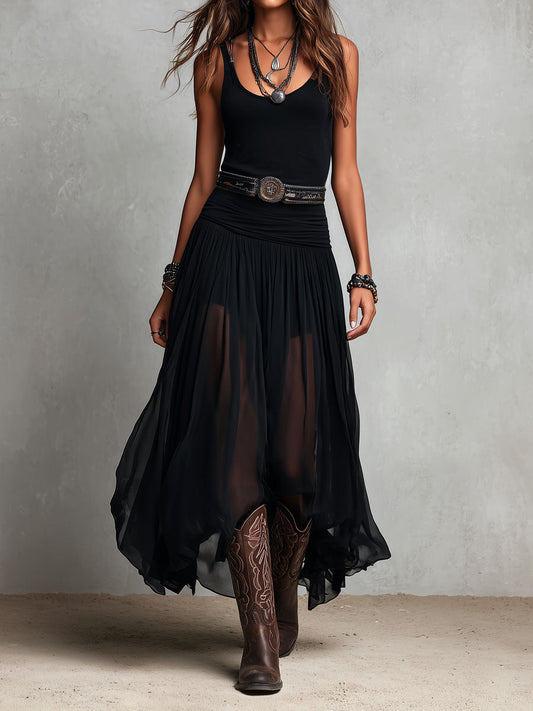 Vestido Maxi Negro Boho Western con Falda Semitransparente