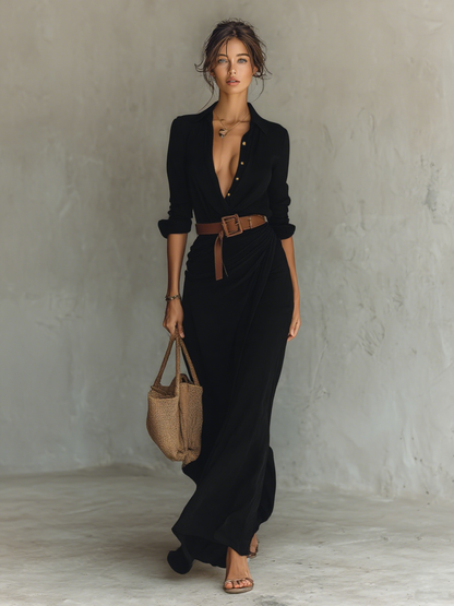 Amara · Vestido Maxi Cruzado Manga Larga con Cinturón
