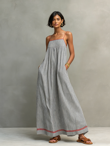 Ainhoa · Vestido Maxi de Rayas Ribete Rojo