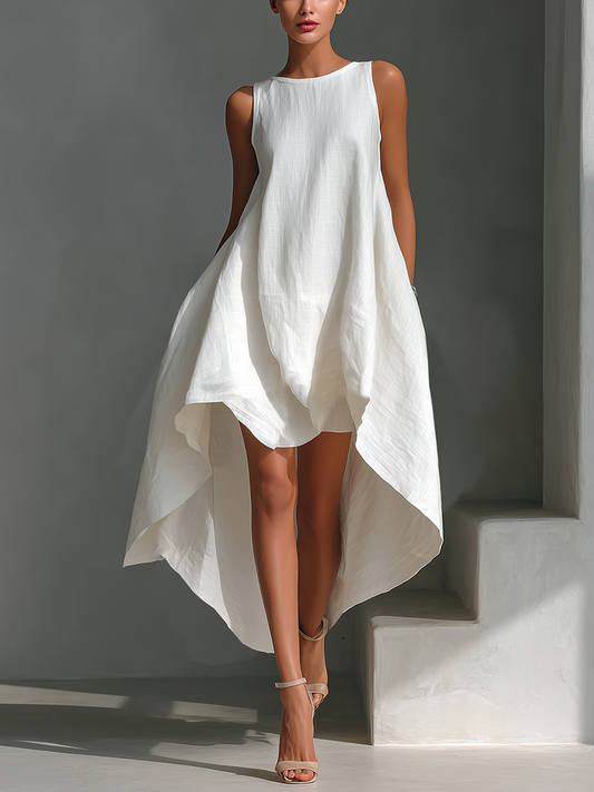 Blanca · Vestido Midi de Lino con Bajo Asimétrico