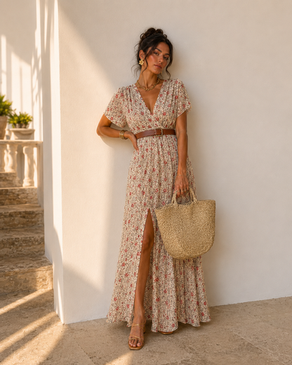Justine | Vestido largo bohemio fluido con cinturón