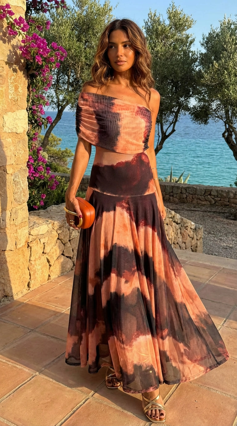 Vestido con Estampado Naranja y Marrón