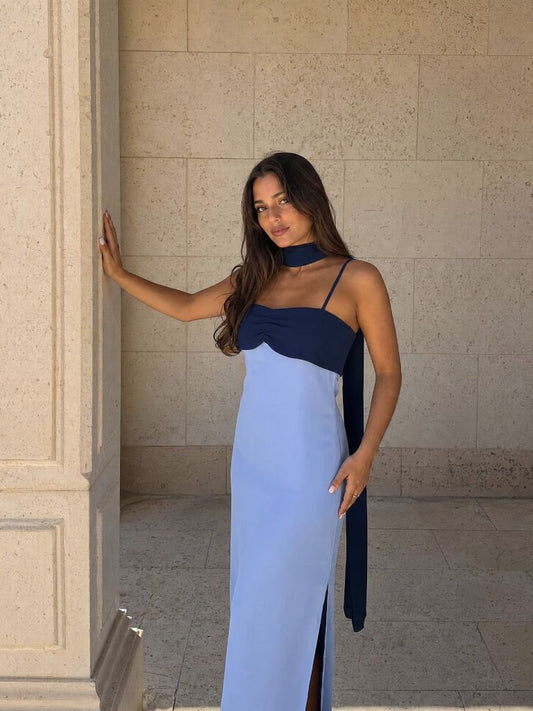 Vestido Largo Drapeado Bicolor