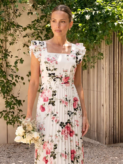 Vestido midi floral plisado con volantes