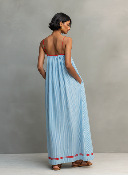 Ainhoa · Vestido Maxi de Rayas Ribete Rojo
