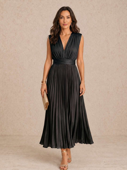 Vestido midi plisado con escote en V