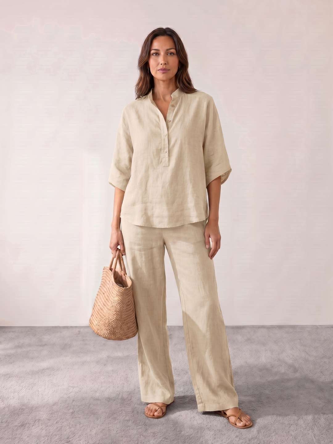 Conjunto de lino con mangas murciélago y pantalón ancho