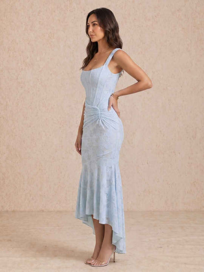 Vestido midi con drapeado y escote cuadrado