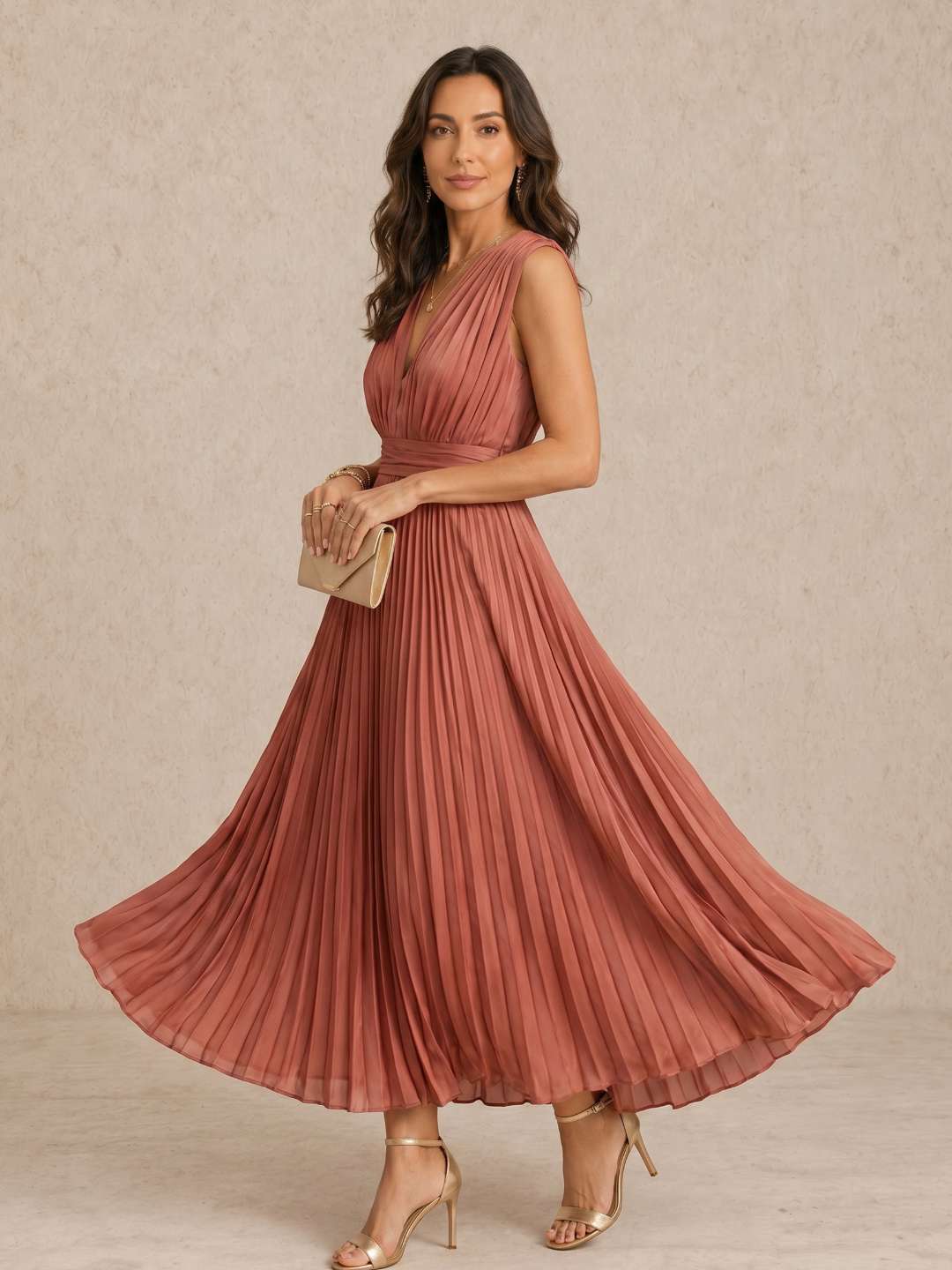 Vestido midi plisado con escote en V