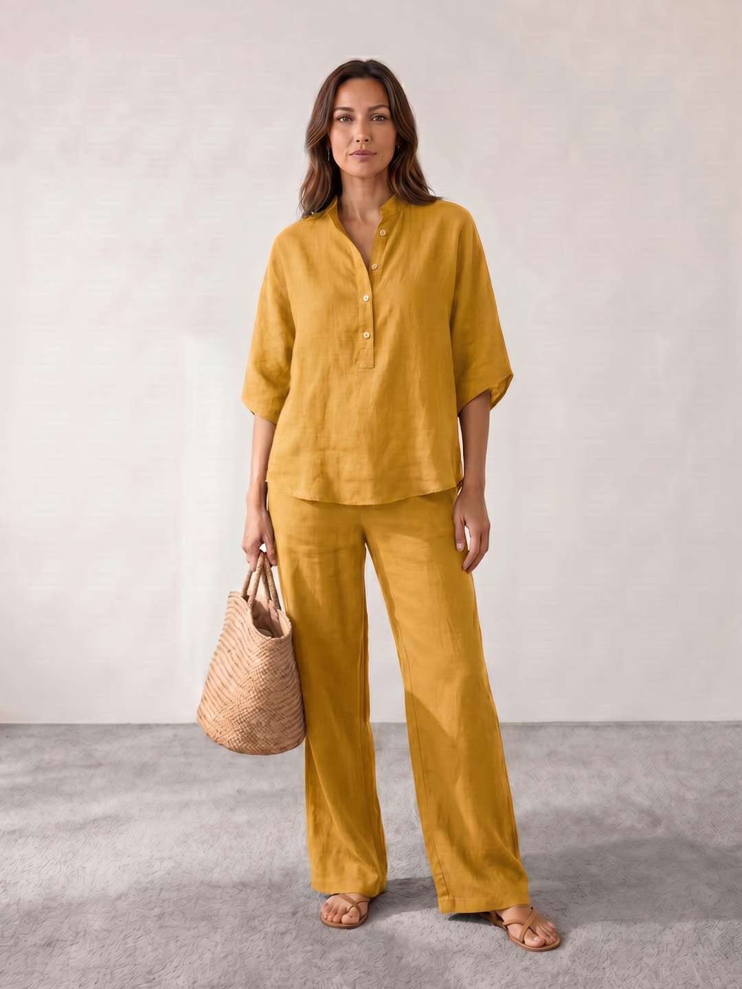 Conjunto de lino con mangas murciélago y pantalón ancho