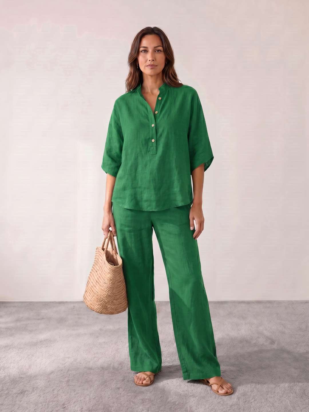 Conjunto de lino con mangas murciélago y pantalón ancho