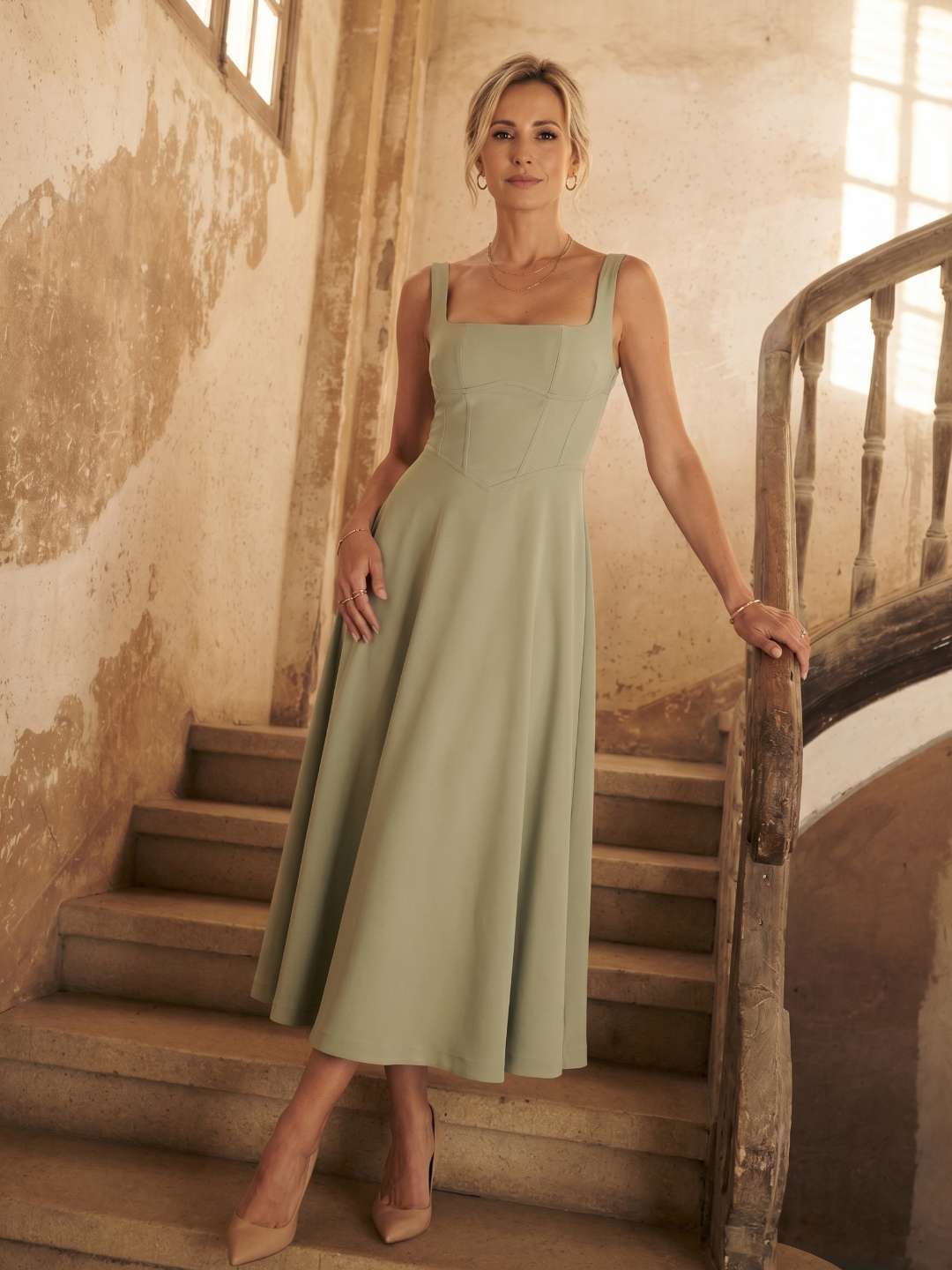Vestido midi con escote cuadrado