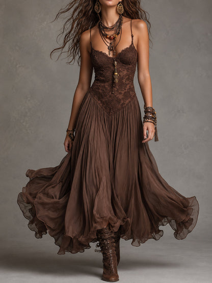 Vestido Maxi de Chifón con Paneles de Encaje Marrón