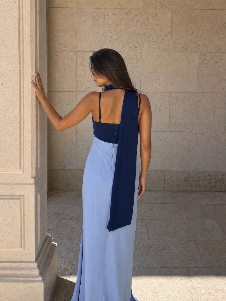 Vestido Largo Drapeado Bicolor