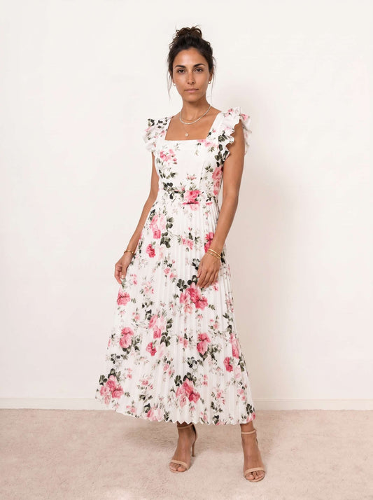 Vestido midi floral plisado con volantes