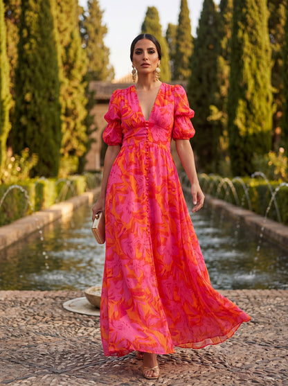 Olimpia · Vestido Maxi Floral con Mangas Abullonadas y Escote en V
