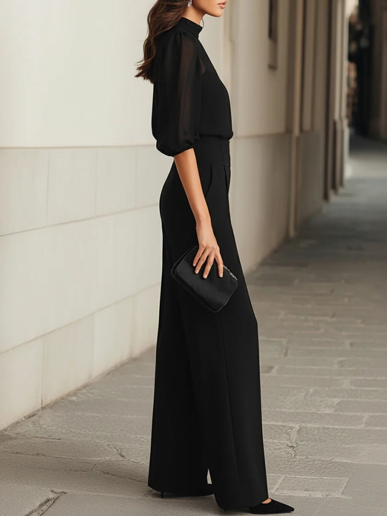 Valentina | Conjunto Tres Piezas Negro con Top Camisola y Pantalón Pernera Ancha