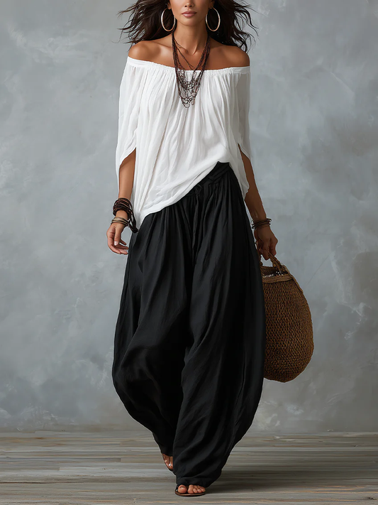Hania · Conjunto Boho Blusa Off-Shoulder con Pantalón Ancho