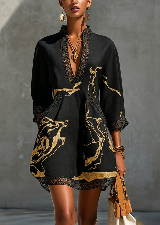 Donatella · Vestido Mini Negro con Estampado Mármol Dorado