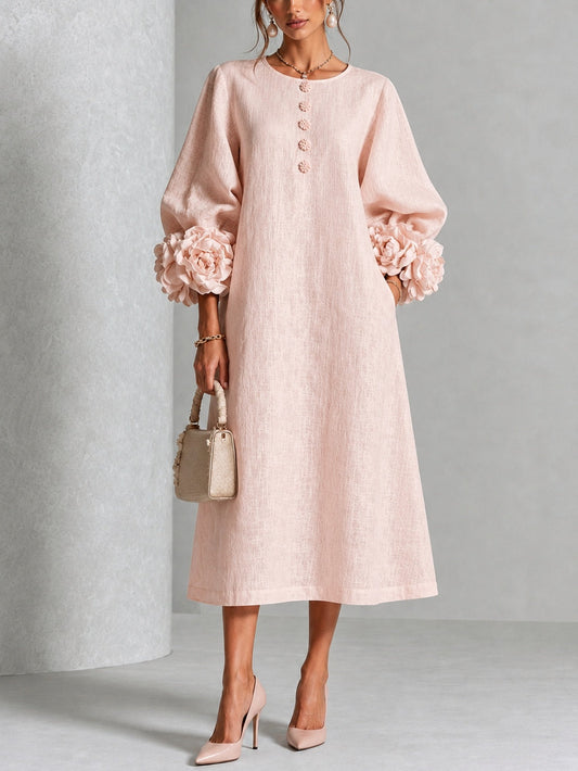Rosaura · Vestido Midi Rosa con Puños de Flor 3D