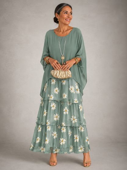 Lara · Vestido Maxi de Gasa con Manga Capa