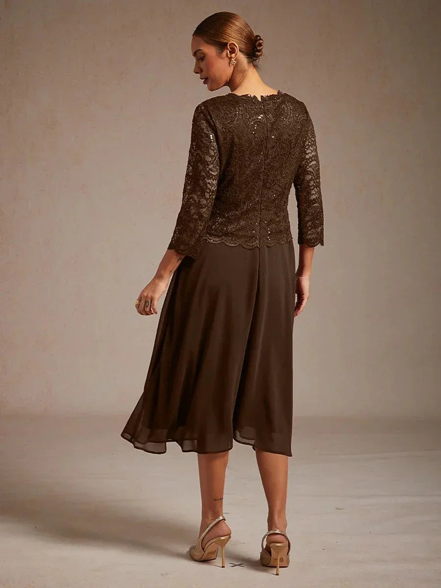 Vestido midi con encaje y manga tres cuartos