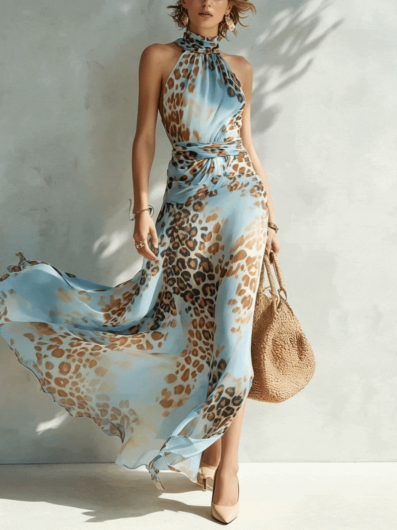 Leona · Vestido Maxi Chifón Estampado Leopardo Azul