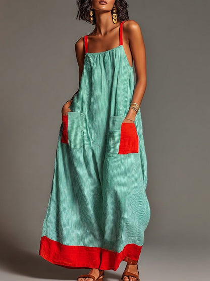 Mara · Vestido Maxi Lino Rayas Color Block con Bolsillos