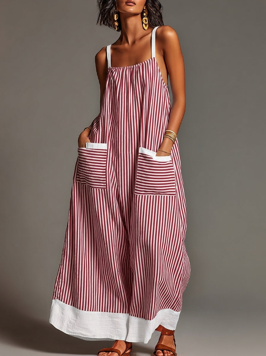 Mara · Vestido Maxi Lino Rayas Color Block con Bolsillos