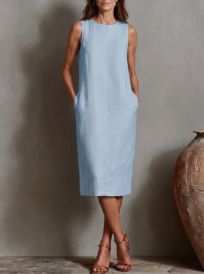 Sofía · Vestido Midi Efecto Lino Sin Mangas con Bolsillos