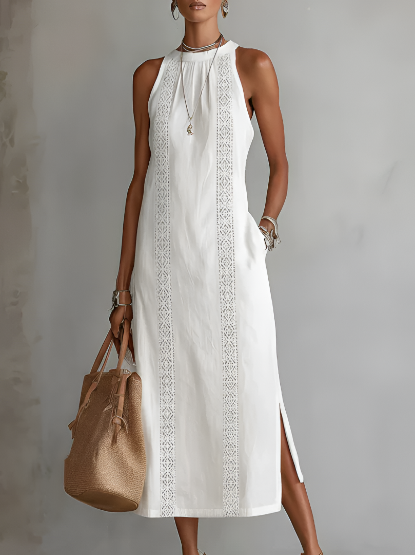 Vestido Jimena Midi Bordado Cuello Mao