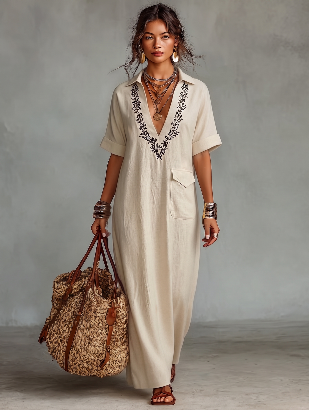 Marta · Vestido Camisero Maxi Lino Bordado