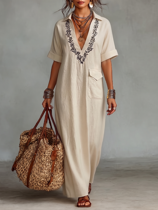 Marta · Vestido Camisero Maxi Lino Bordado