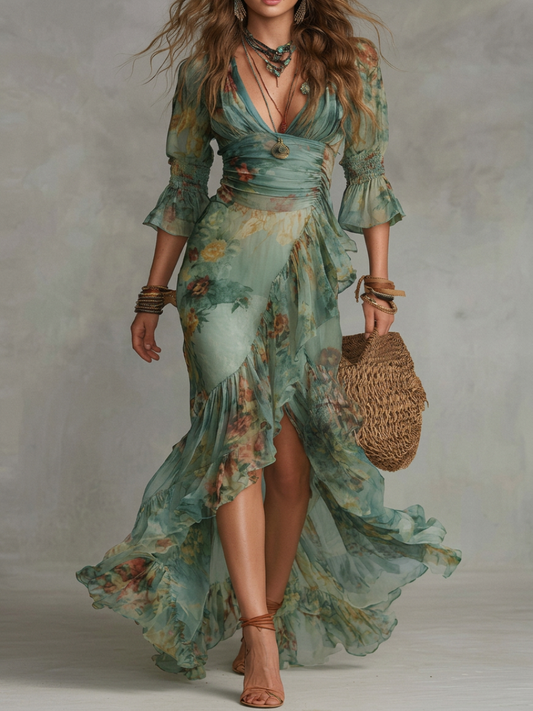 Vestido Maxi Chiffon Verde Hierba con Volantes y Abertura