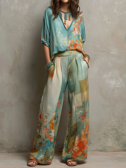 Chiara | Conjunto Fluido Estampado Floral con Pantalón Ancho